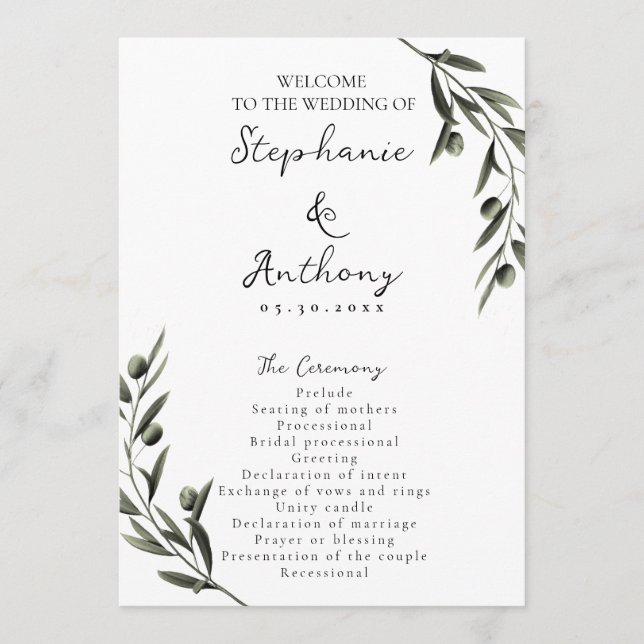 Botanical Olive Branch Leaves Italian Wedding  Programme (Front)