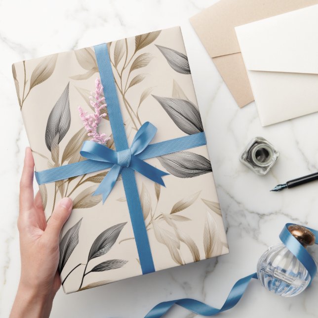 Botanical Olive Leaf Beige Floral Pattern Wrapping Paper (Gifting)