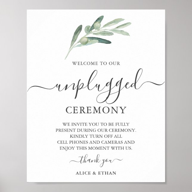 Botanical Olive Unplugged Wedding Sign (Front)