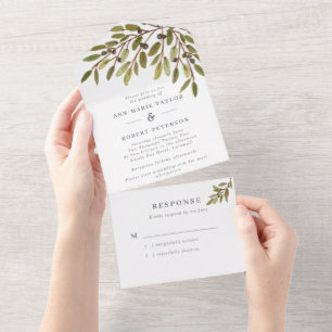 Botanical Olives Rustic Wedding All In One Invitation