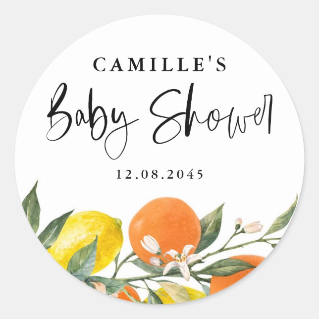 Botanical Orange and Lemon Baby Shower Envelope  Classic Round Sticker (Front)
