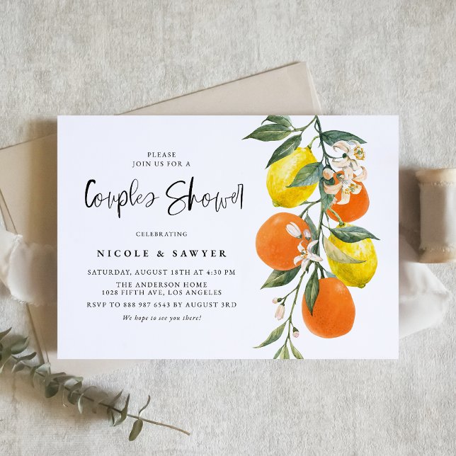 Botanical Orange and Lemon Garland Couples Shower Invitation (Creator Uploaded)
