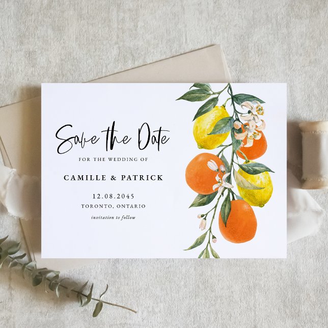 Botanical Orange and Lemon Garland Save The Date (Botanical Orange and Lemon Garland Save the Date Announcement Card)