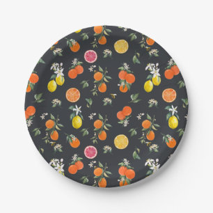Botanical Orange and Lemon Pattern Dark Paper Plate