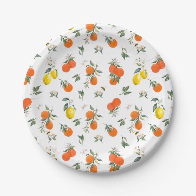 Botanical Orange and Lemon Pattern White Paper Plate (Front)