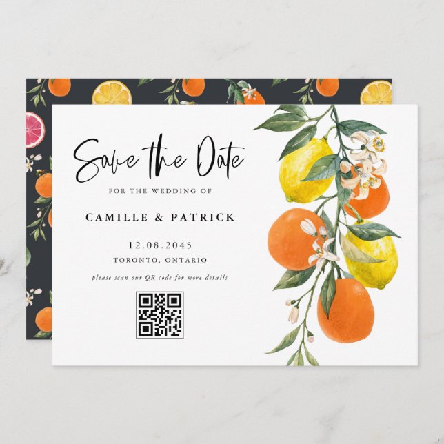 Botanical Orange and Lemon QR Code Save the Date (Front/Back)