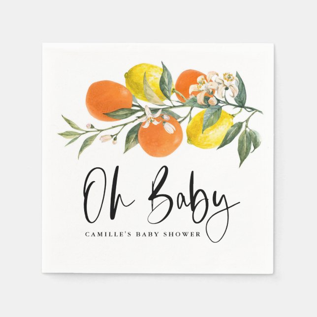Botanical Orange and Lemon Summer Baby Shower Napkin (Front)