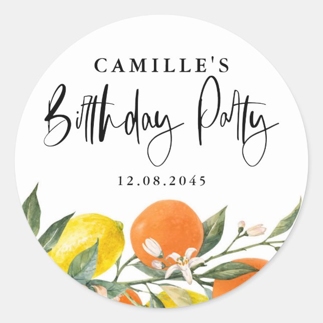 Botanical Orange and Lemon Summer Birthday Party Classic Round Sticker (Front)