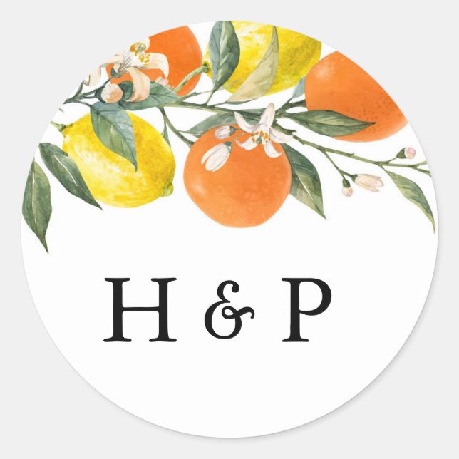 Botanical Orange and Lemon Wedding Monogram Classic Round Sticker (Front)