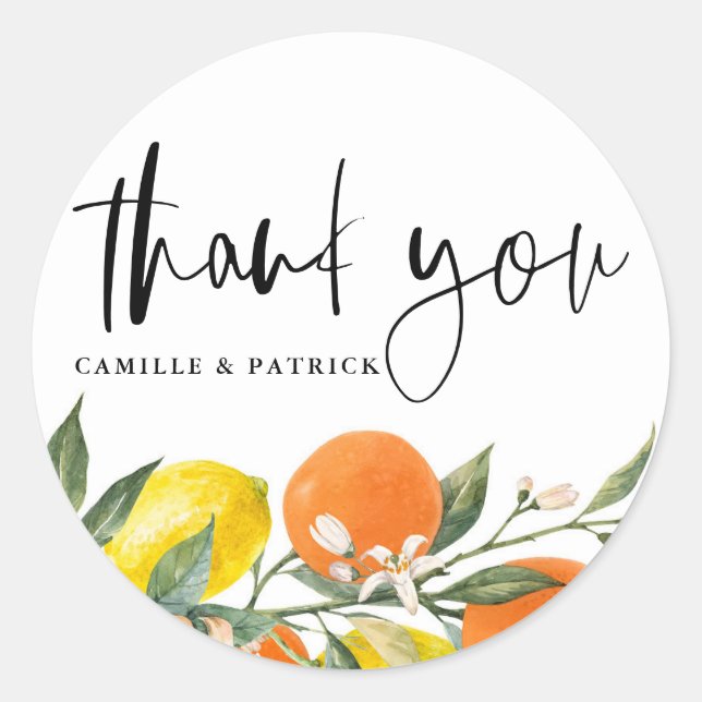 Botanical Orange and Lemon Wedding Thank You Classic Round Sticker (Front)