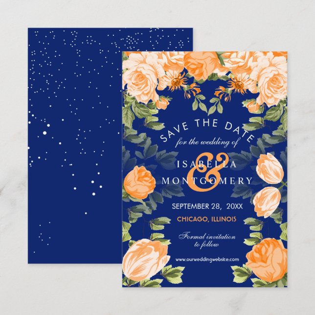 Botanical Orange and Navy Blue Floral Invitation (Front/Back)