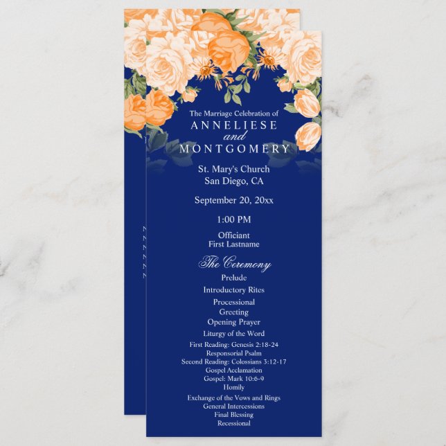 Botanical Orange and Navy Blue Floral - Program Programme (Front/Back)