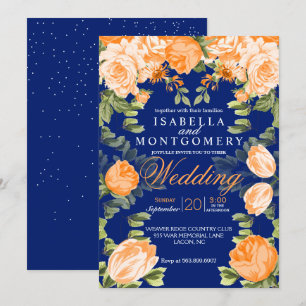 Botanical Orange and Navy Blue Floral Wedding Invitation