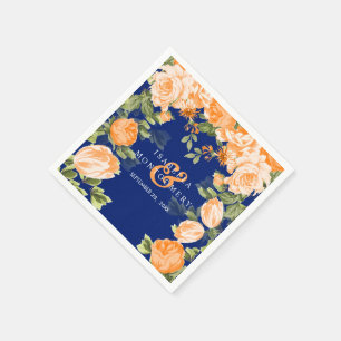 Botanical Orange and Navy Blue Floral Wedding Napkin