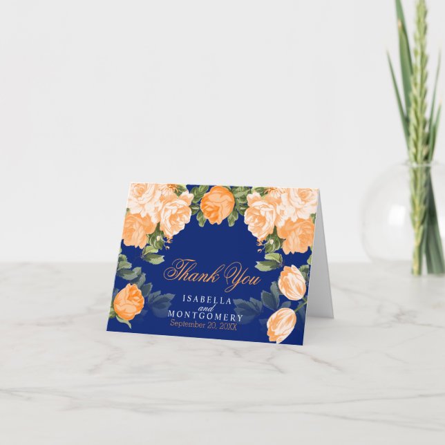Botanical Orange and Navy Blue Wedding  Thank You Card (Front)