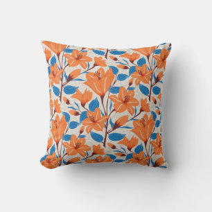 Botanical Orange Blue Lily Floral Pattern   Cushion
