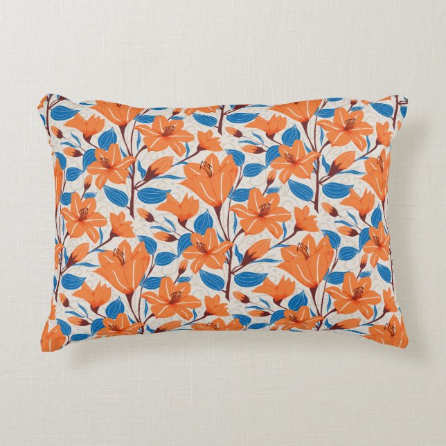 Botanical Orange Blue Lily Floral Pattern   Decorative Cushion (Front)