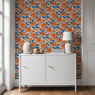 Botanical Orange Blue Lily Floral Pattern Wallpaper