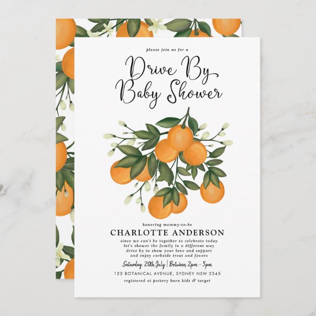 Botanical Orange Citrus Drive Thru Baby Shower Invitation (Front/Back)