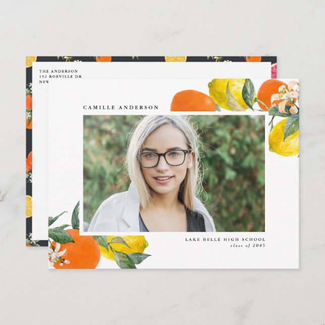 Botanical Orange & Lemon QR Code Photo Graduation Announcement Postcard (Front/Back)