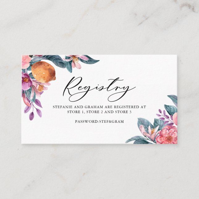 Botanical Oranges and Blooms Wedding Registry Card (Front)
