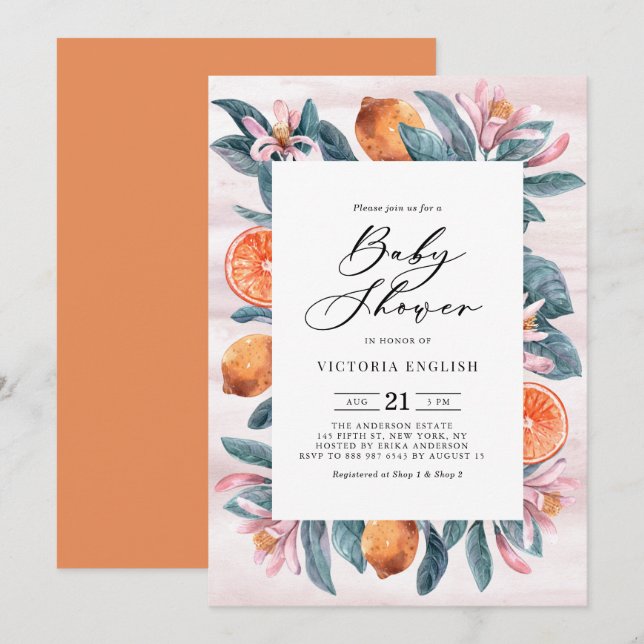 Botanical Oranges and Pink Blossoms Baby Shower Invitation (Front/Back)