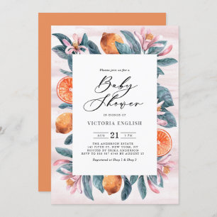 Botanical Oranges and Pink Blossoms Baby Shower Invitation