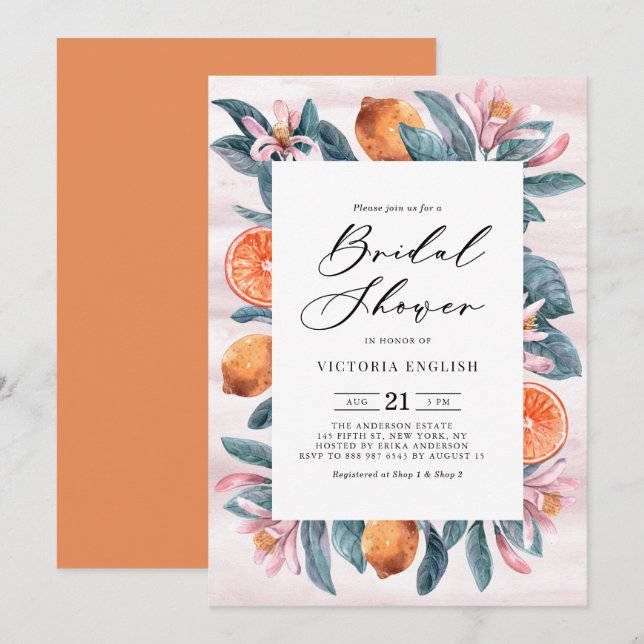 Botanical Oranges and Pink Blossoms Bridal Shower Invitation (Front/Back)