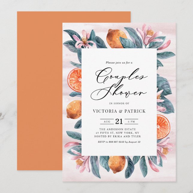 Botanical Oranges and Pink Blossoms Couples Shower Invitation (Front/Back)