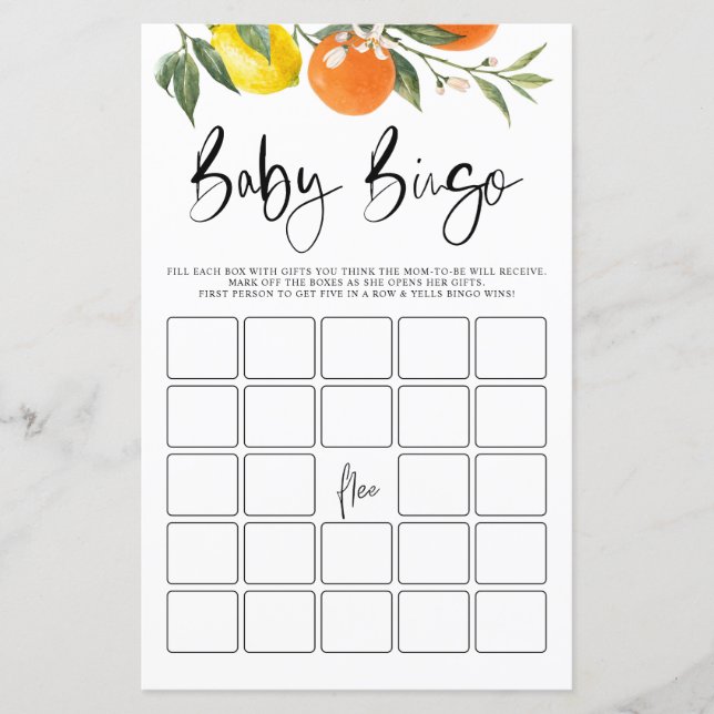 Botanical Oranges & Lemons Baby Shower Bingo Game (Front)