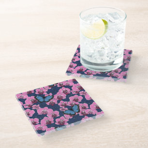 Botanical Orchid Garden with Butterflies Glass Coaster