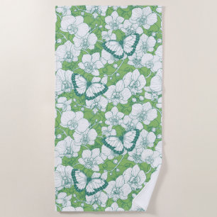 Botanical Orchid Garden with Butterflies in green Beach Towel