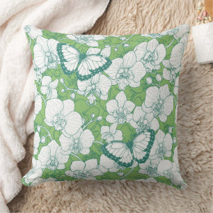 Botanical Orchid Garden with Butterflies in green Cushion