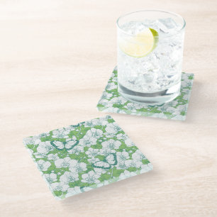 Botanical Orchid Garden with Butterflies in green Glass Coaster