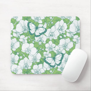 Botanical Orchid Garden with Butterflies in green Mouse Mat