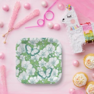 Botanical Orchid Garden with Butterflies in green Paper Plate