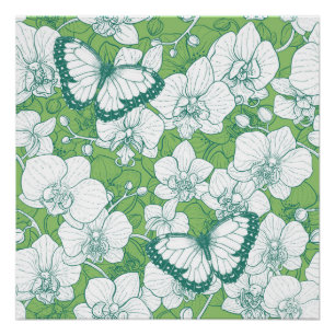 Botanical Orchid Garden with Butterflies in green Poster