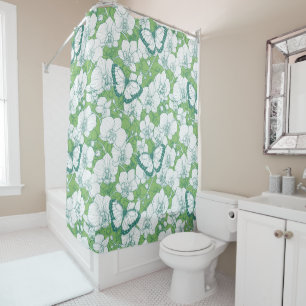Botanical Orchid Garden with Butterflies in green Shower Curtain