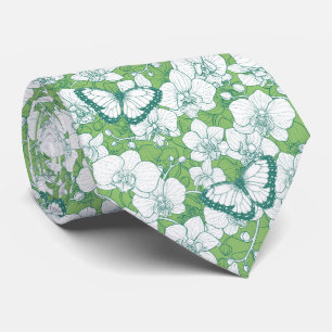 Botanical Orchid Garden with Butterflies in green Tie