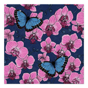 Botanical Orchid Garden with Butterflies Poster