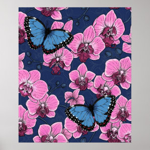 Botanical Orchid Garden with Butterflies Poster