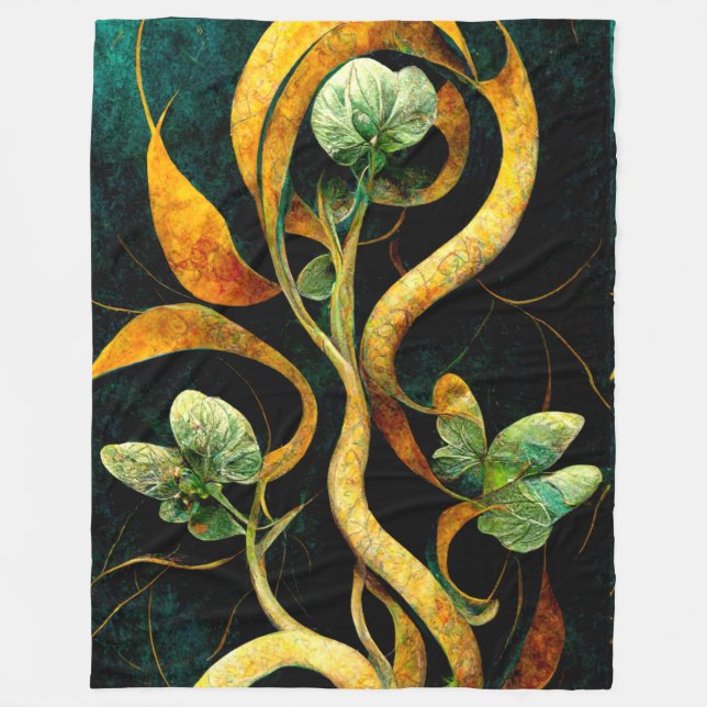 Botanical Orchid Greens & Golds Fleece Blanket (Front)