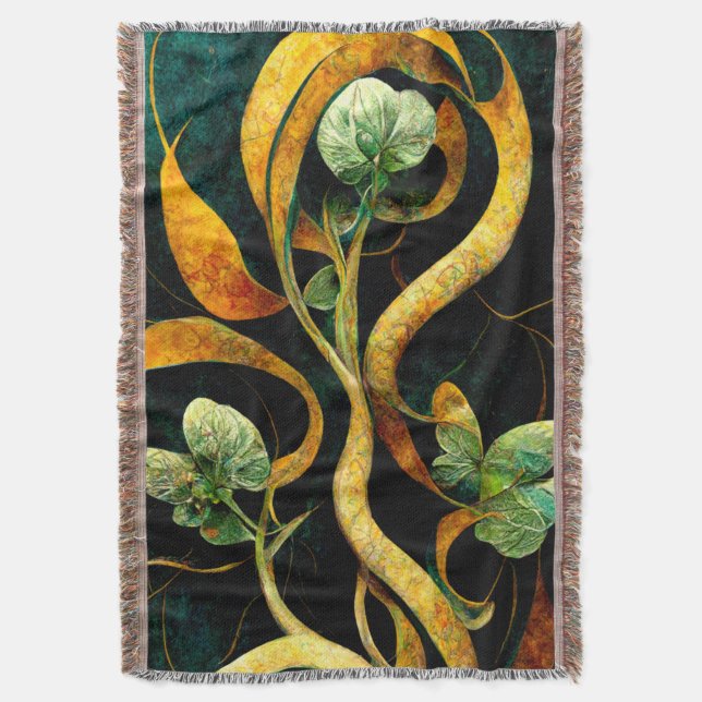 Botanical Orchid Greens & Golds Throw Blanket (Front Vertical)