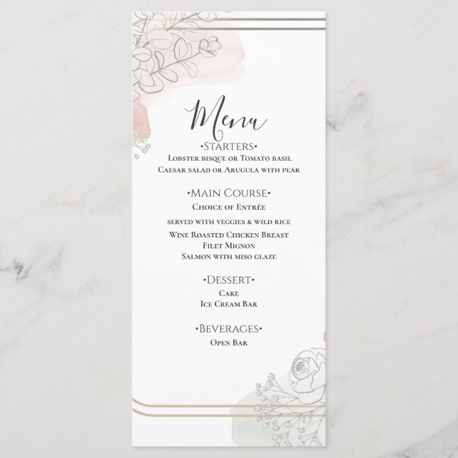 Botanical Outline Sage & Blush Floral Wedding  Menu (Front)