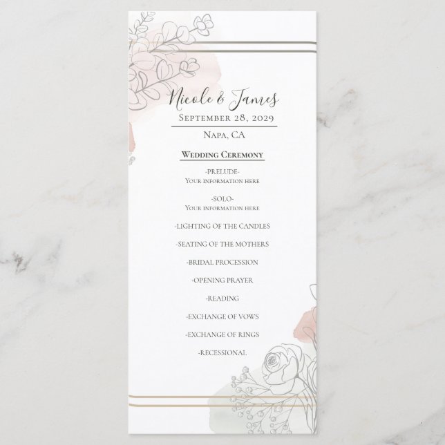Botanical Outline Sage & Blush Floral Wedding  Menu (Front)