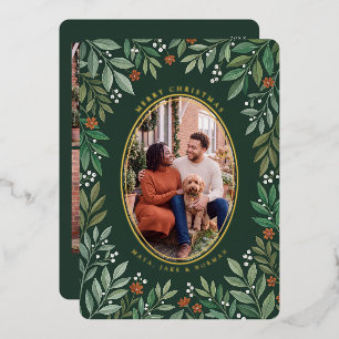 Botanical Oval Frame Merry Christmas Photo Foil Holiday Card