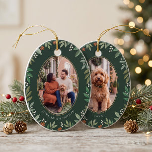 Botanical Oval Merry Christmas Photo Ceramic Tree Decoration