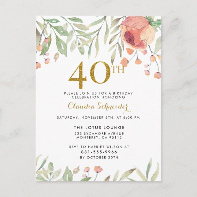 Botanical Painting & Gold Glitter 40th Birthday Invitation Postcard (Front)