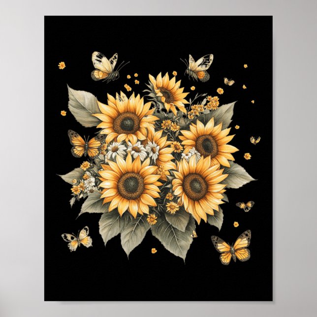 Botanical Painting Of Sunflower Bouquet  Poster (Front)