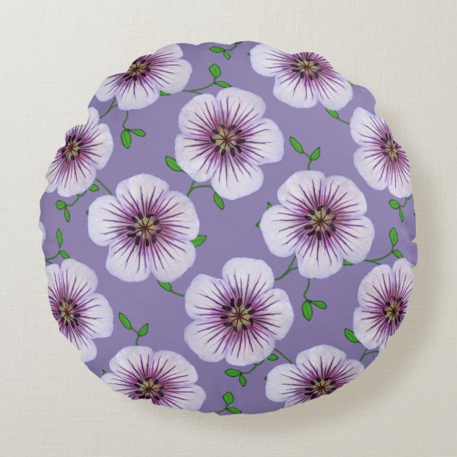 Botanical Pale Blue Geranium Flower on any Colour Round Cushion (Front)